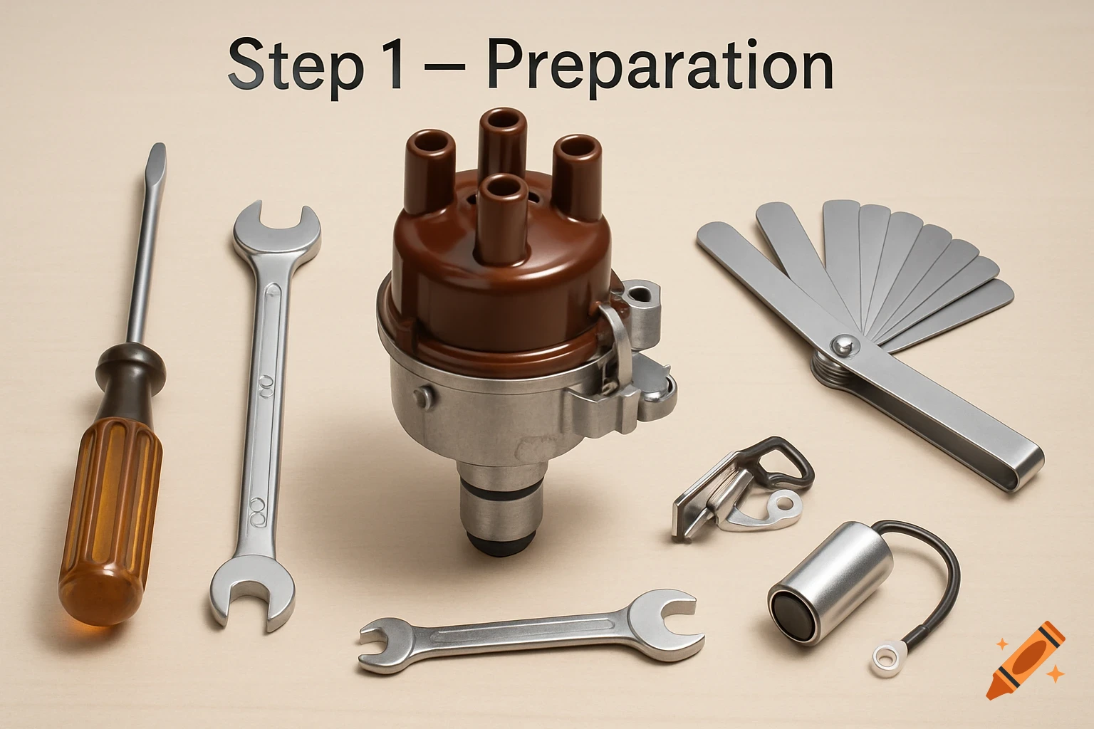 Automotive tools and parts, including a distributor, wrenches, and screwdriver, on a workbench. Text: 'Step 1 – Preparation'.