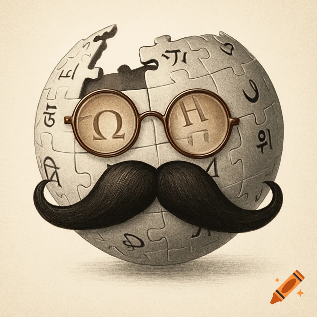 A stylized Wikipedia globe with a prominent black mustache and old-fashioned round glasses, set against a plain background.