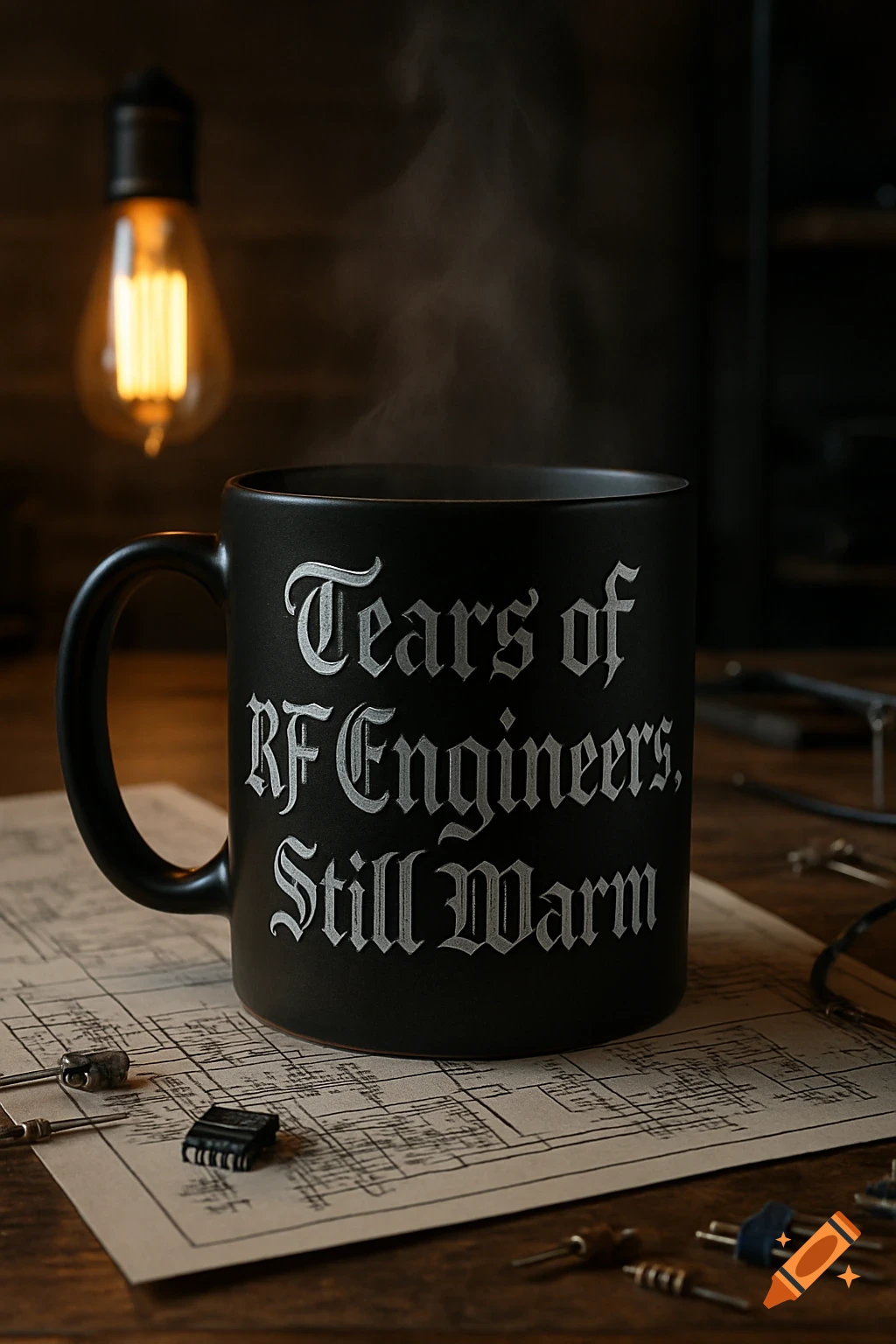 Steaming black coffee mug with 'Tears of RF Engineers, Still Warm' text, next to electronic components on a blueprint, under warm light.