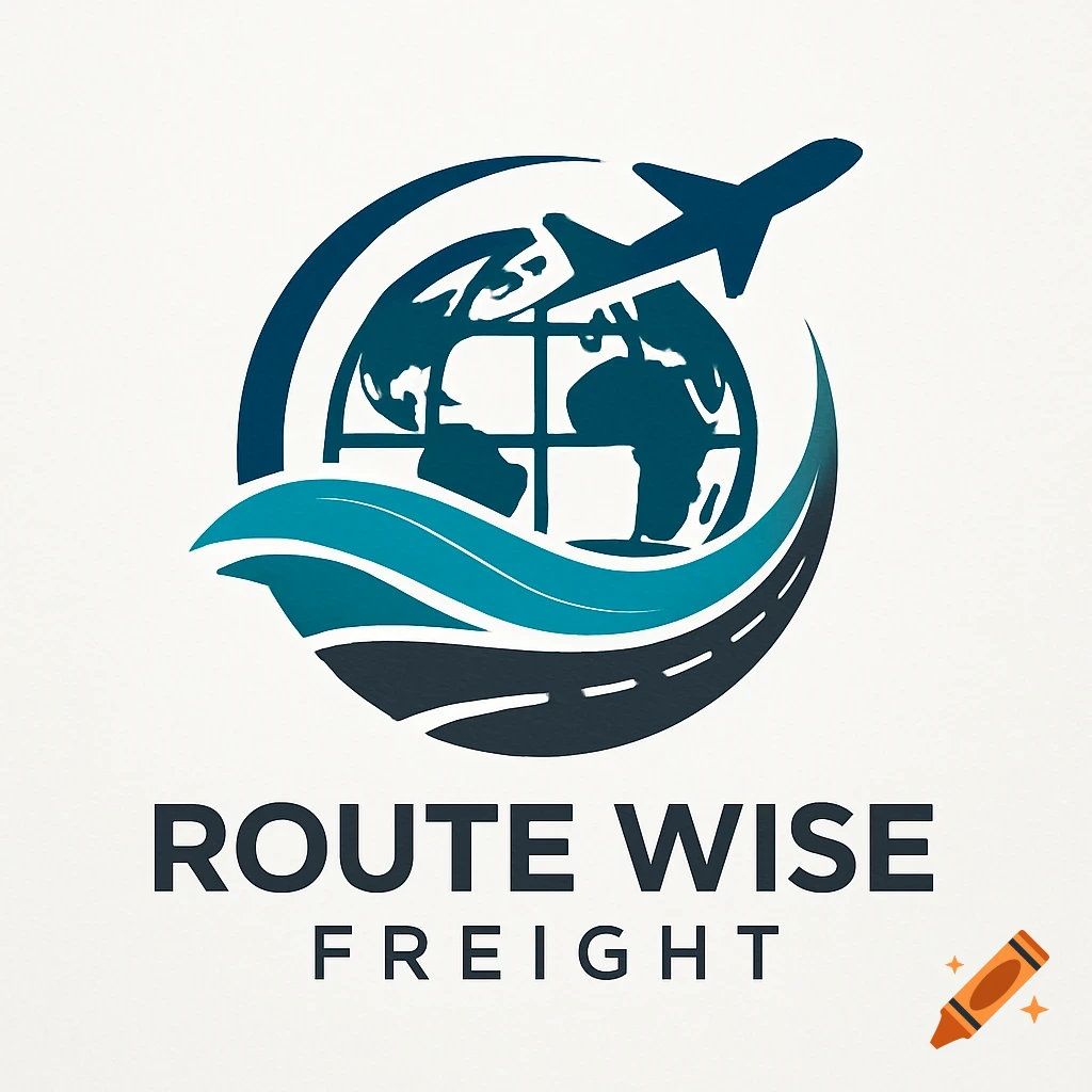 Logo for Route Wise Freight featuring a globe, airplane, waves representing sea, and a road, all in shades of blue and gray.