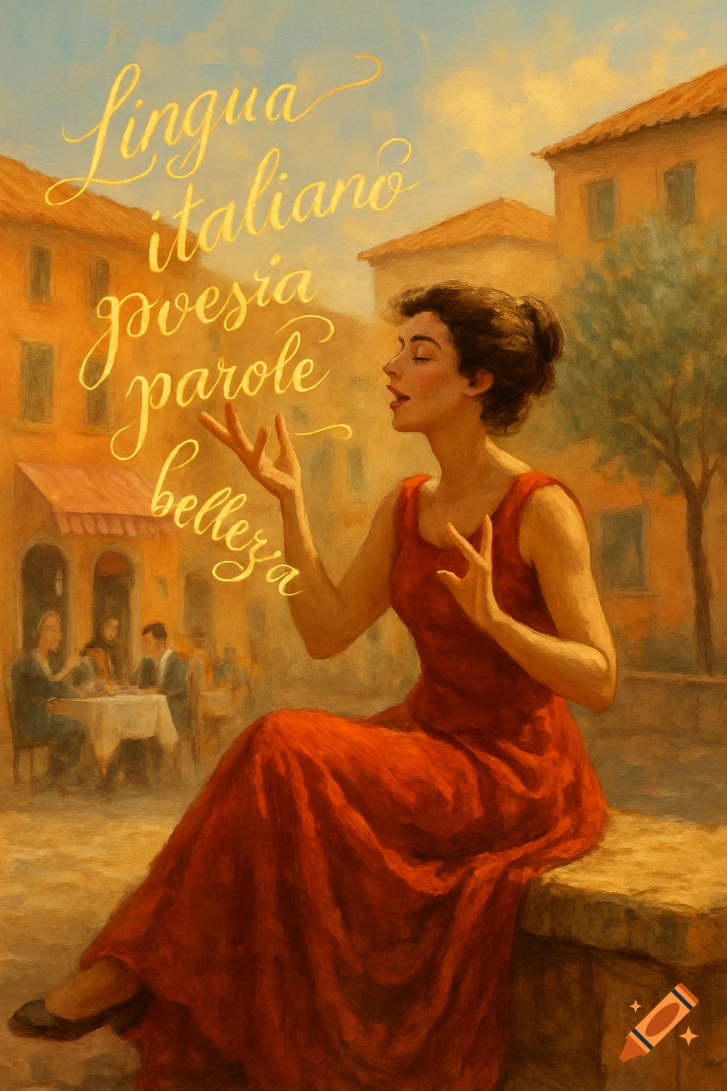 A woman in a red dress sits in a painterly Italian village scene, surrounded by golden script words related to Italian language.