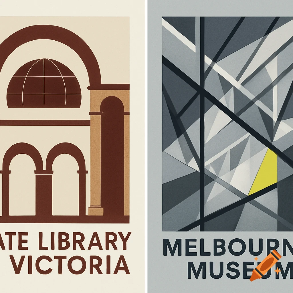 Two abstract graphic posters. The left poster in brown and beige depicts architectural arches and a domed window for the State Library Victoria. The right poster features grey and black geometric shapes with a yellow triangle for the Melbourne Museum.