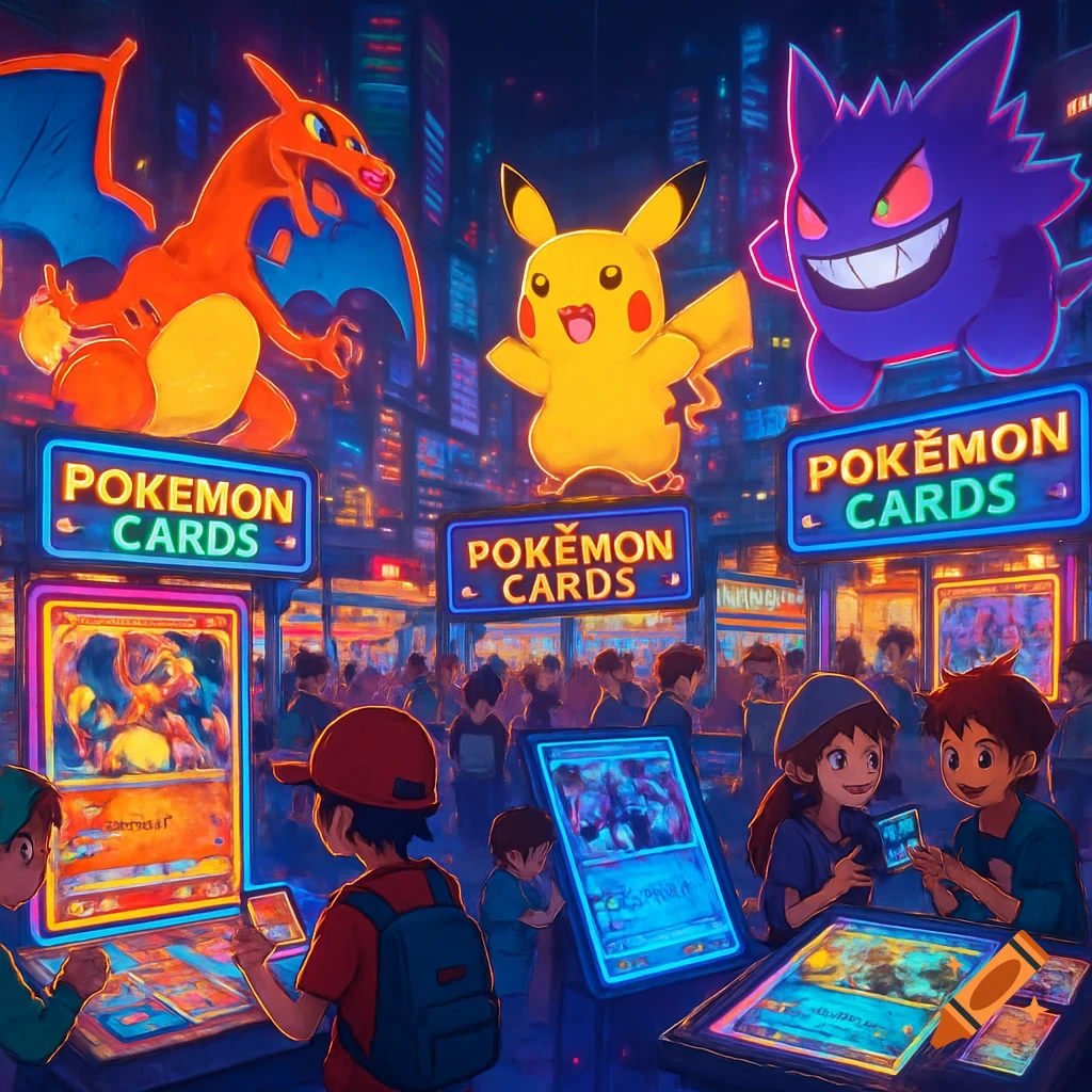 A vibrant, neon-lit cityscape with large digital displays of Charizard, Pikachu, and Gengar above shops selling Pokémon cards. Children are looking at the cards.