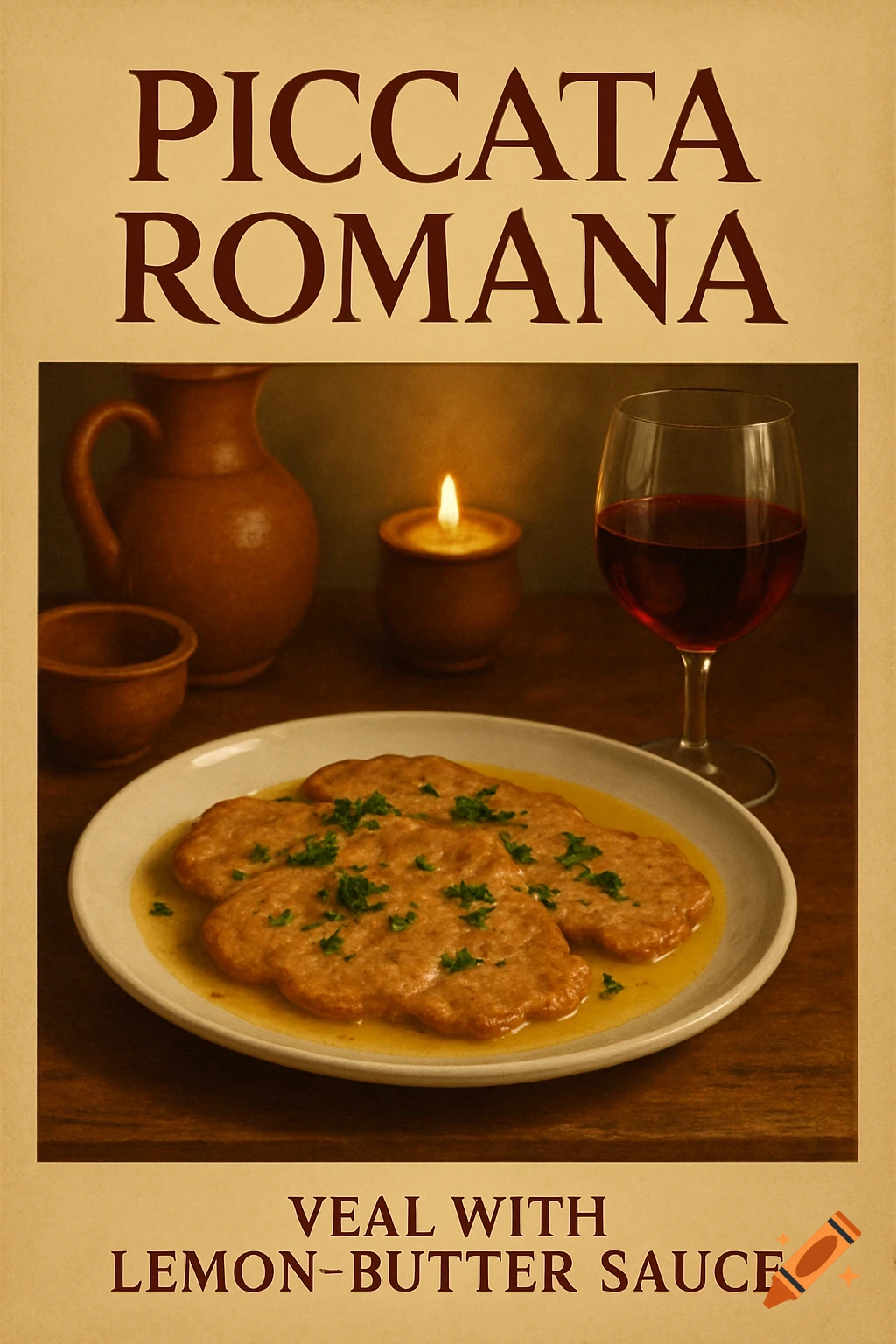 A rustic poster for Piccata Romana featuring a plate of veal with lemon-butter sauce, a candle, a pitcher, and red wine.