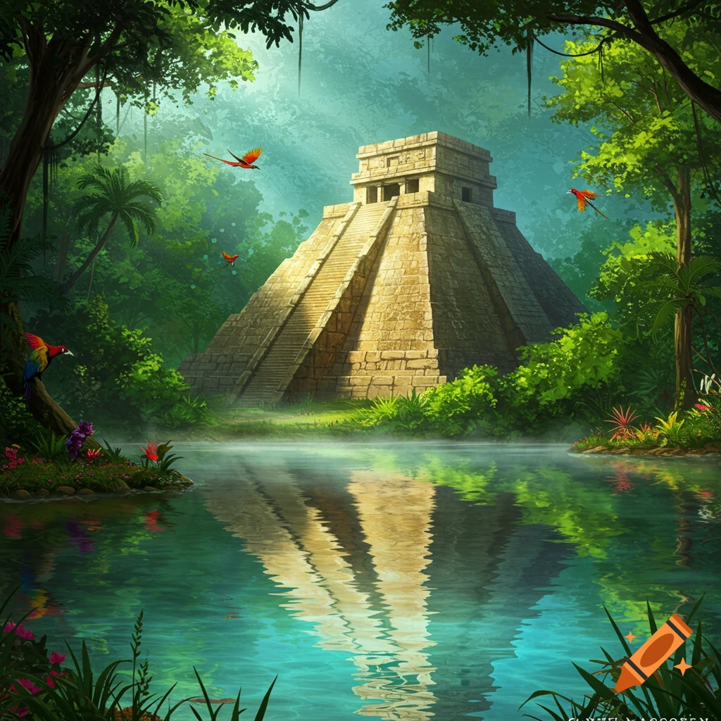 Vibrant illustration of an ancient pyramid in a lush jungle, reflected in a still turquoise lake with colorful parrots.