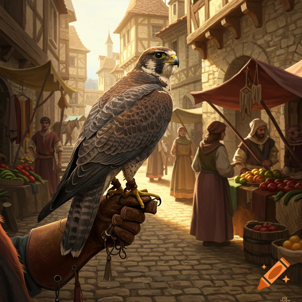 A detailed illustration of a falconer holding a falcon on a gloved hand in a bustling medieval market street.