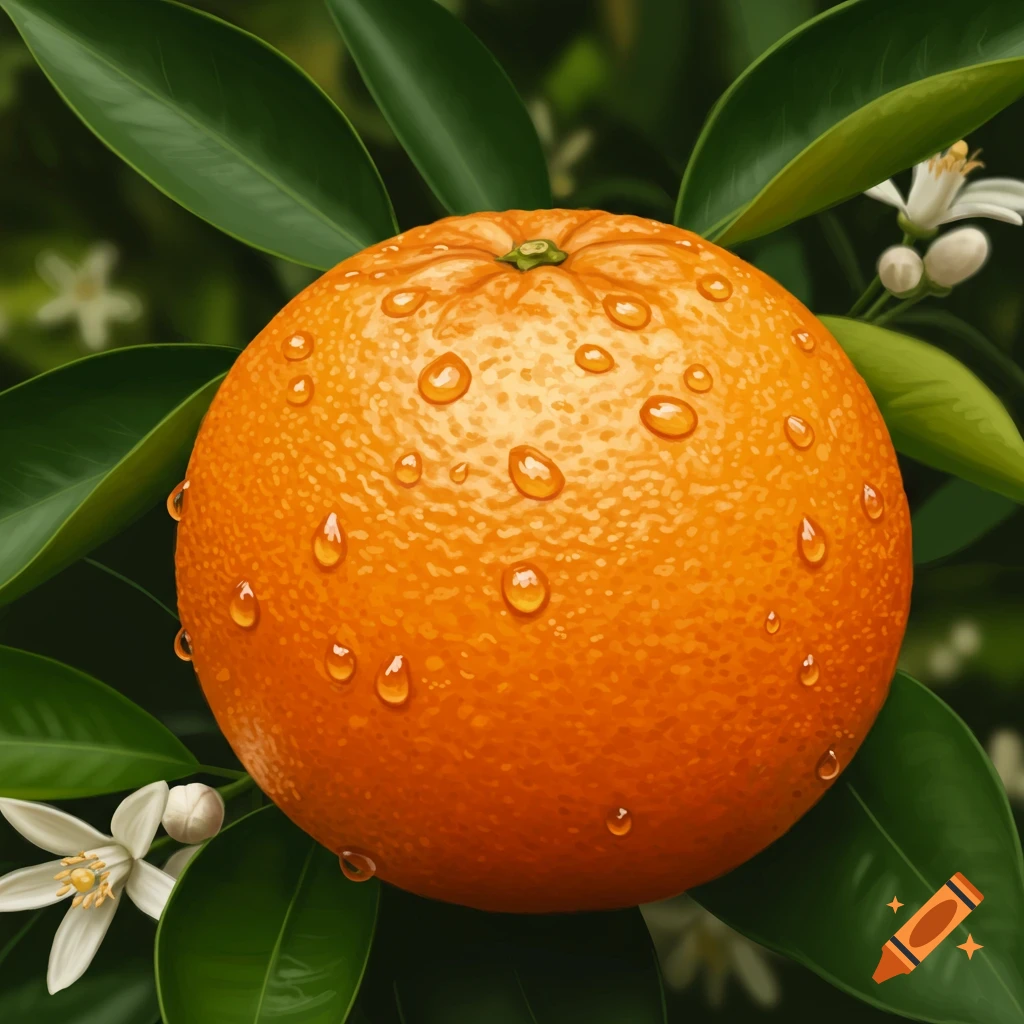 A close-up, photorealistic image of a dew-covered orange hanging from a tree, surrounded by green leaves and white blossoms.