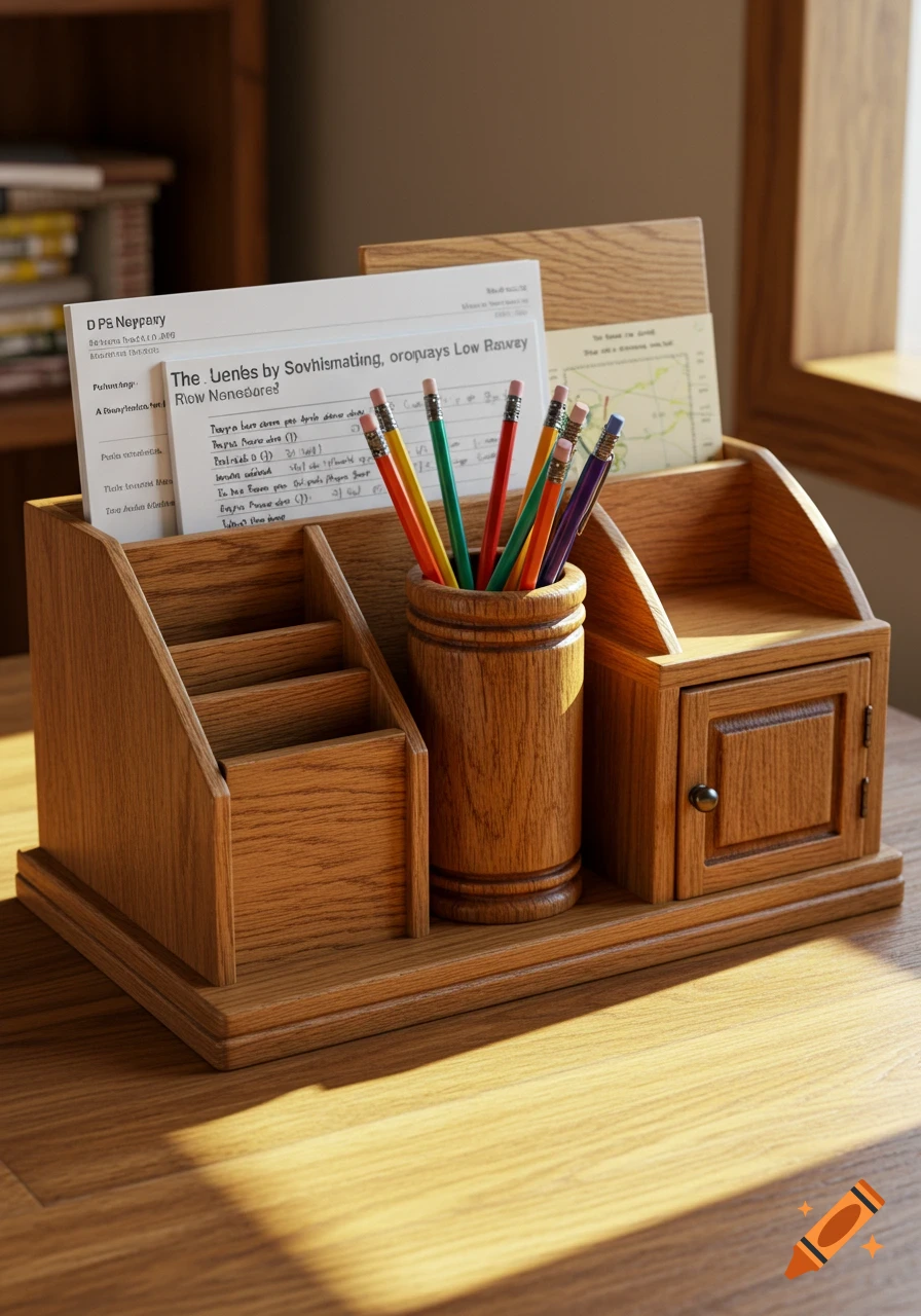 A wooden desk organizer with a pencil holder full of colorful pencils, paper separators, and a small cabinet, sitting on a wooden desk with sunlight.