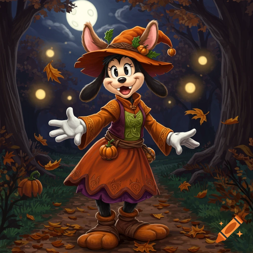 Female Goofy-like cartoon character in an orange witch dress and hat, standing on a moonlit forest path with autumn leaves and pumpkins.