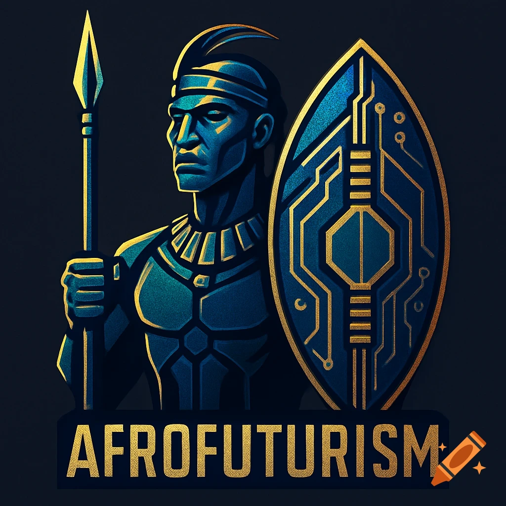 Stylized blue and gold Afrofuturism logo of a warrior with a spear and a tech-patterned shield, text 'AFROFUTURISM'.
