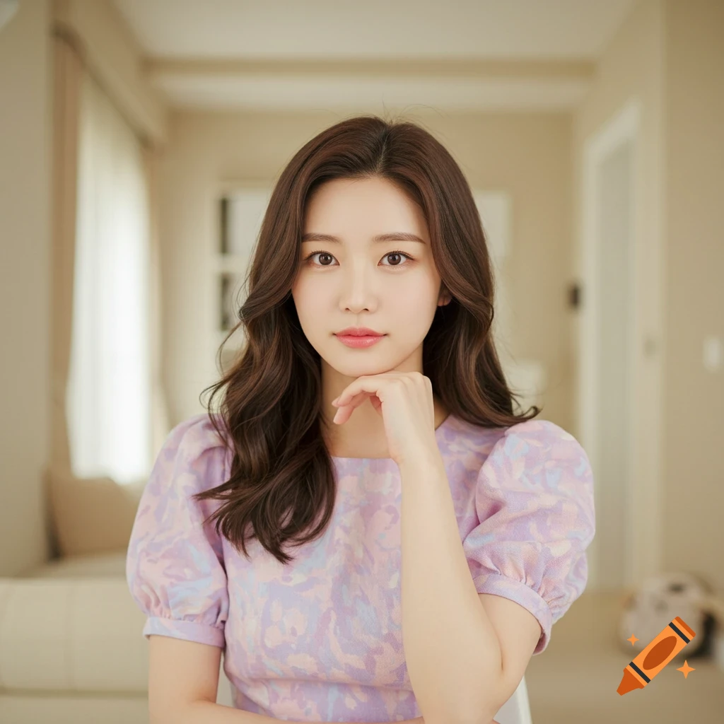 Photorealistic portrait of a young woman in a light purple patterned blouse, resting her chin on her hand, looking directly at the camera.