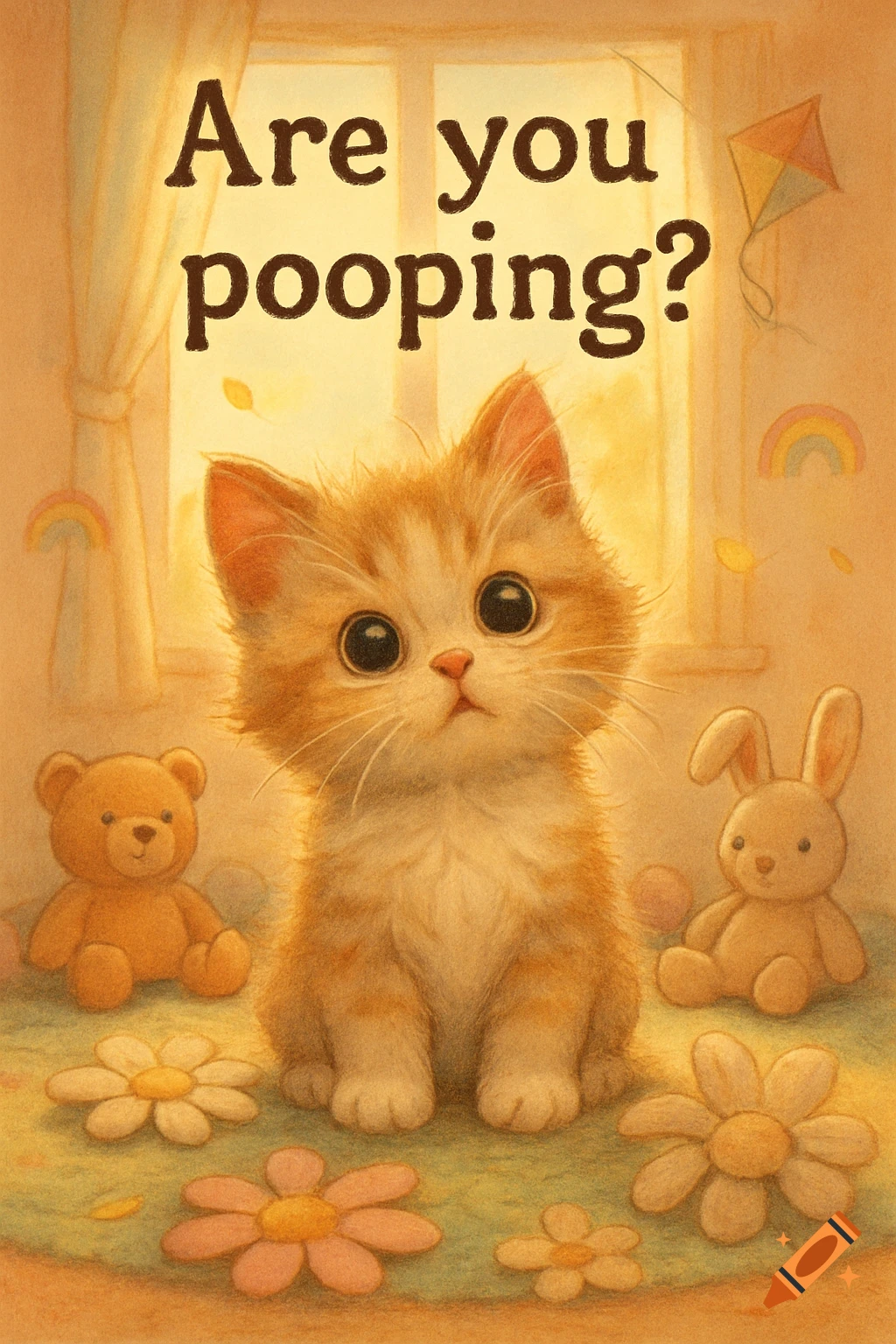 Cartoon illustration of a cute orange and white kitten sitting with stuffed toys, with the text 'Are you pooping?' above it.