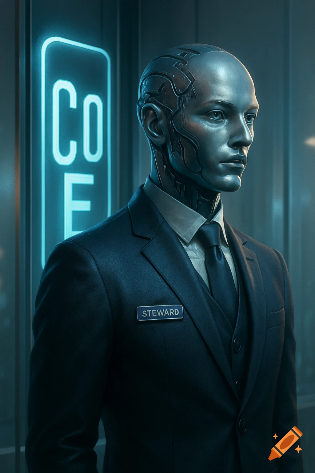 Close-up of a photorealistic cyber steward in a dark suit with a 'STEWARD' nametag, against a neon 'COE' sign.