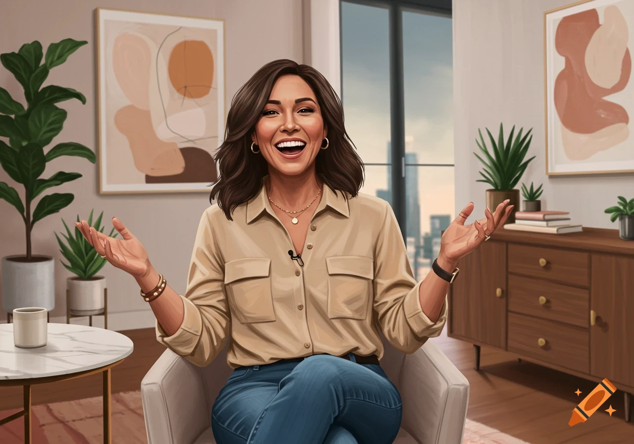 A digitally illustrated smiling woman with dark hair sits in a modern office, gesturing with open hands.