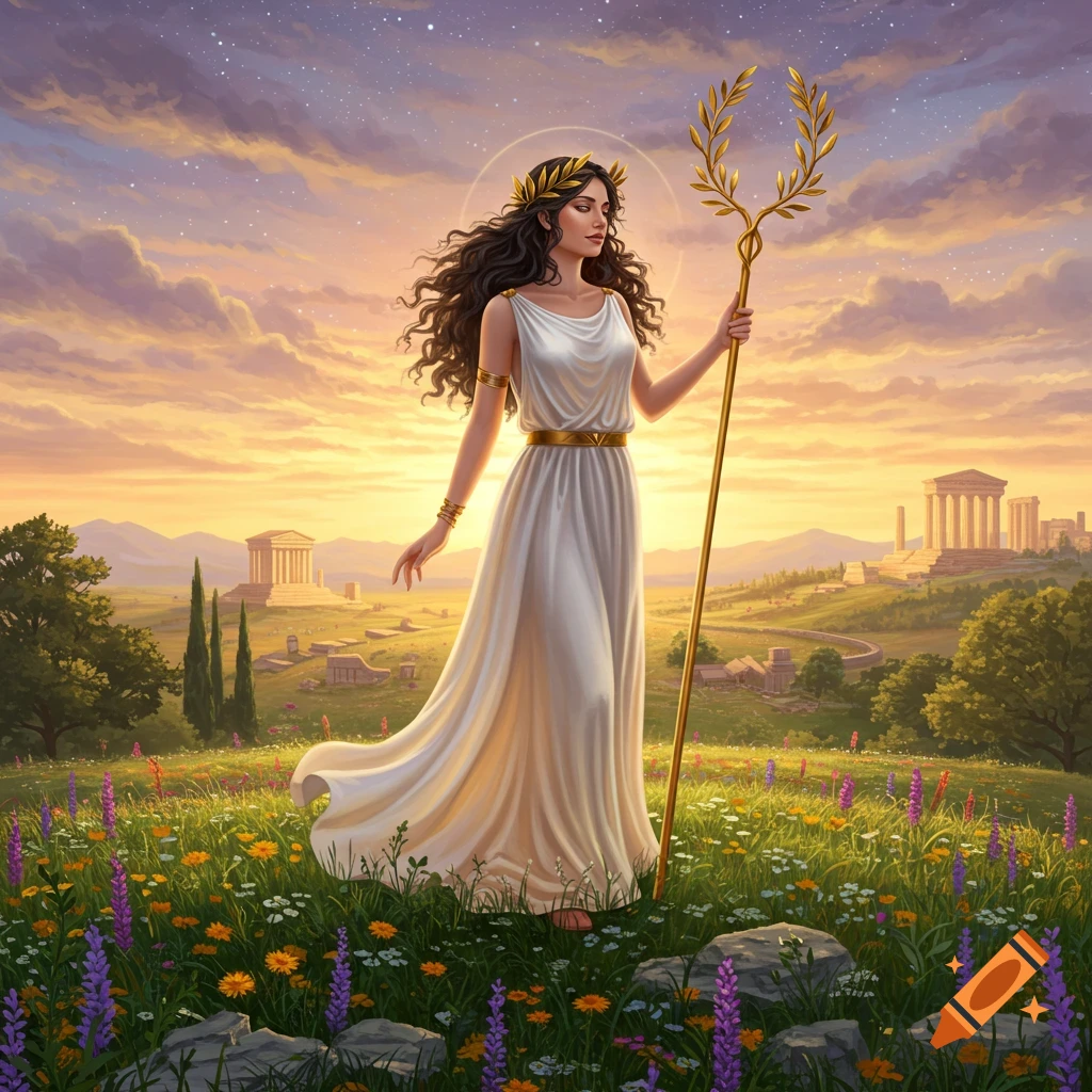 A woman in a white gown and laurel wreath stands in a wildflower field with ancient temples under a sunset sky.