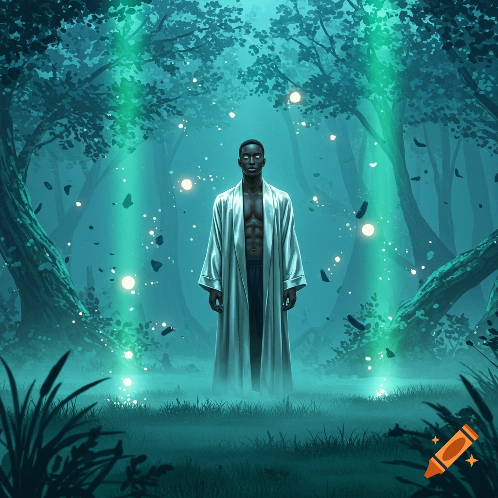 A dark-skinned man with white eyes and an open white robe stands in a mystical, glowing teal forest.