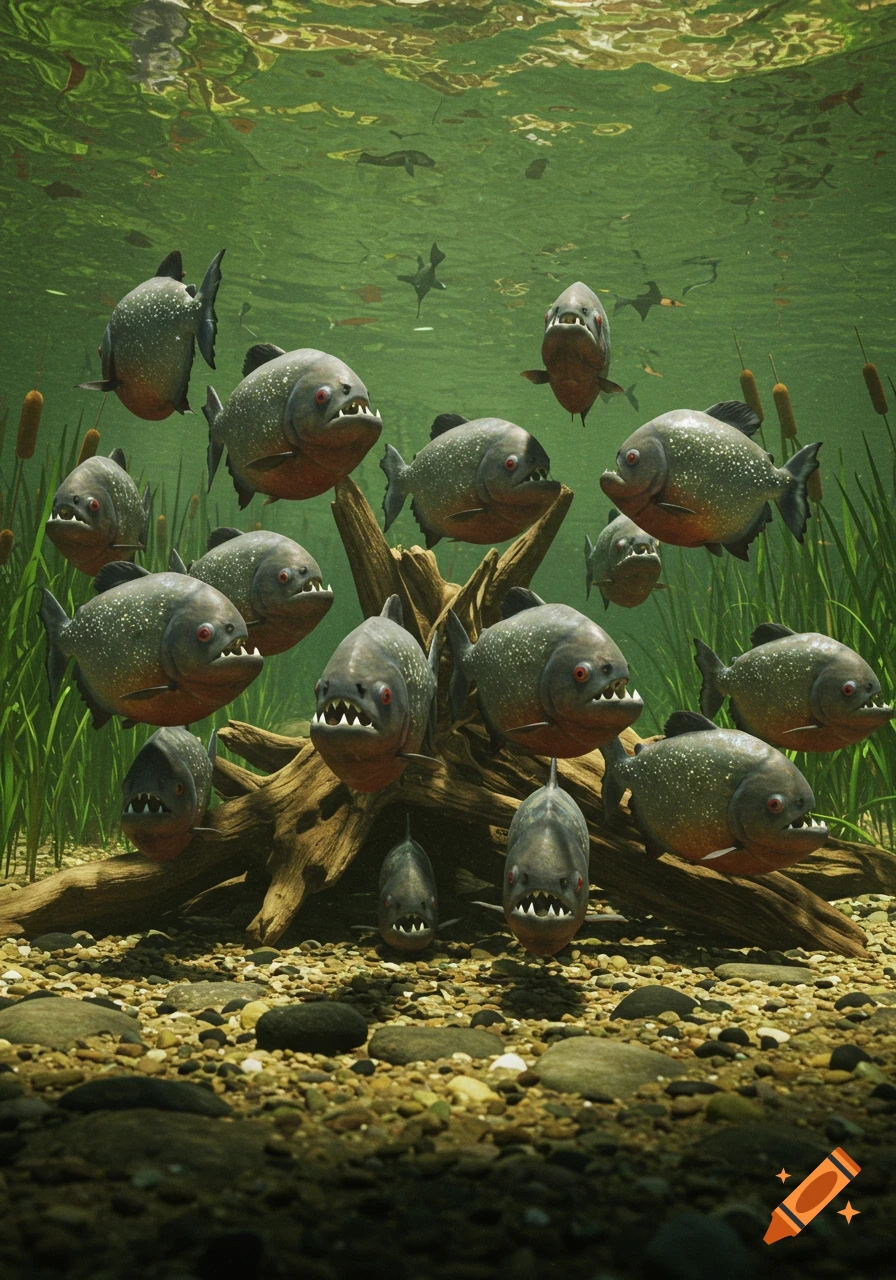 Many menacing piranhas with sharp teeth swim underwater in a clear river with aquatic plants and wood, photorealistic.