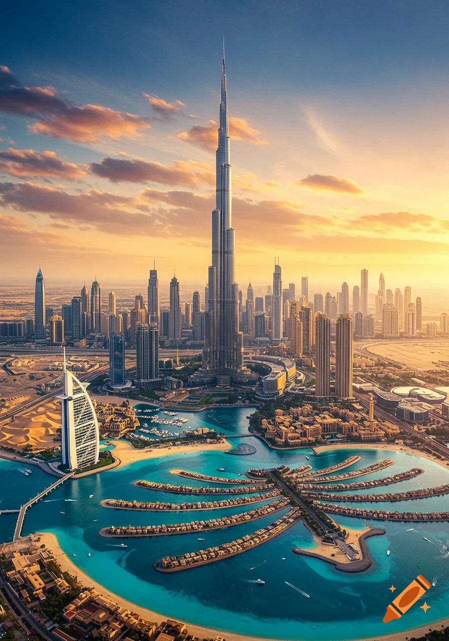 Aerial view of Dubai cityscape at sunset with Burj Khalifa, Burj Al Arab, and the Palm Jumeirah against a vibrant sky.