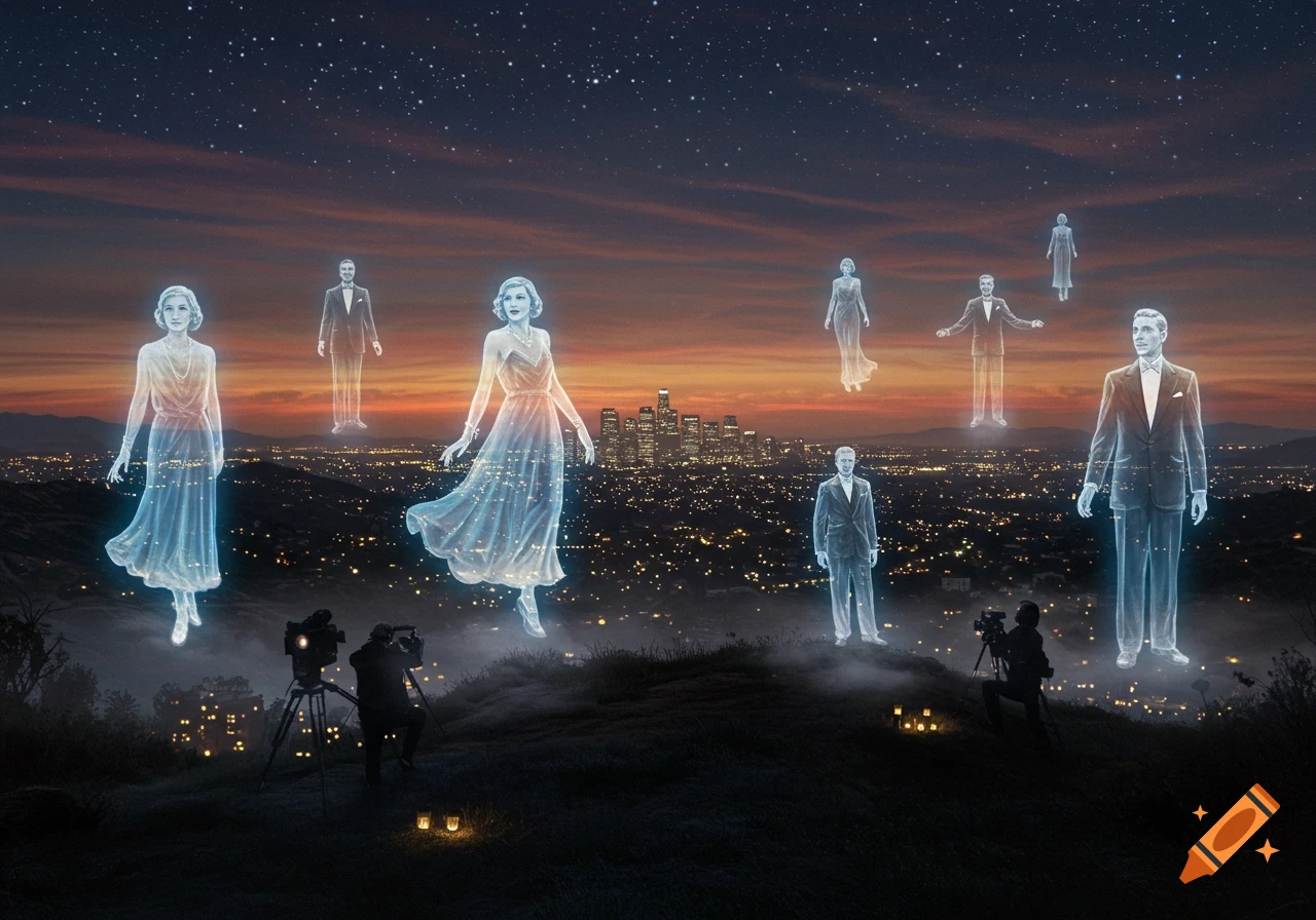 Ethereal translucent figures resembling classic Hollywood stars float above a city skyline at dusk, with photographers below.