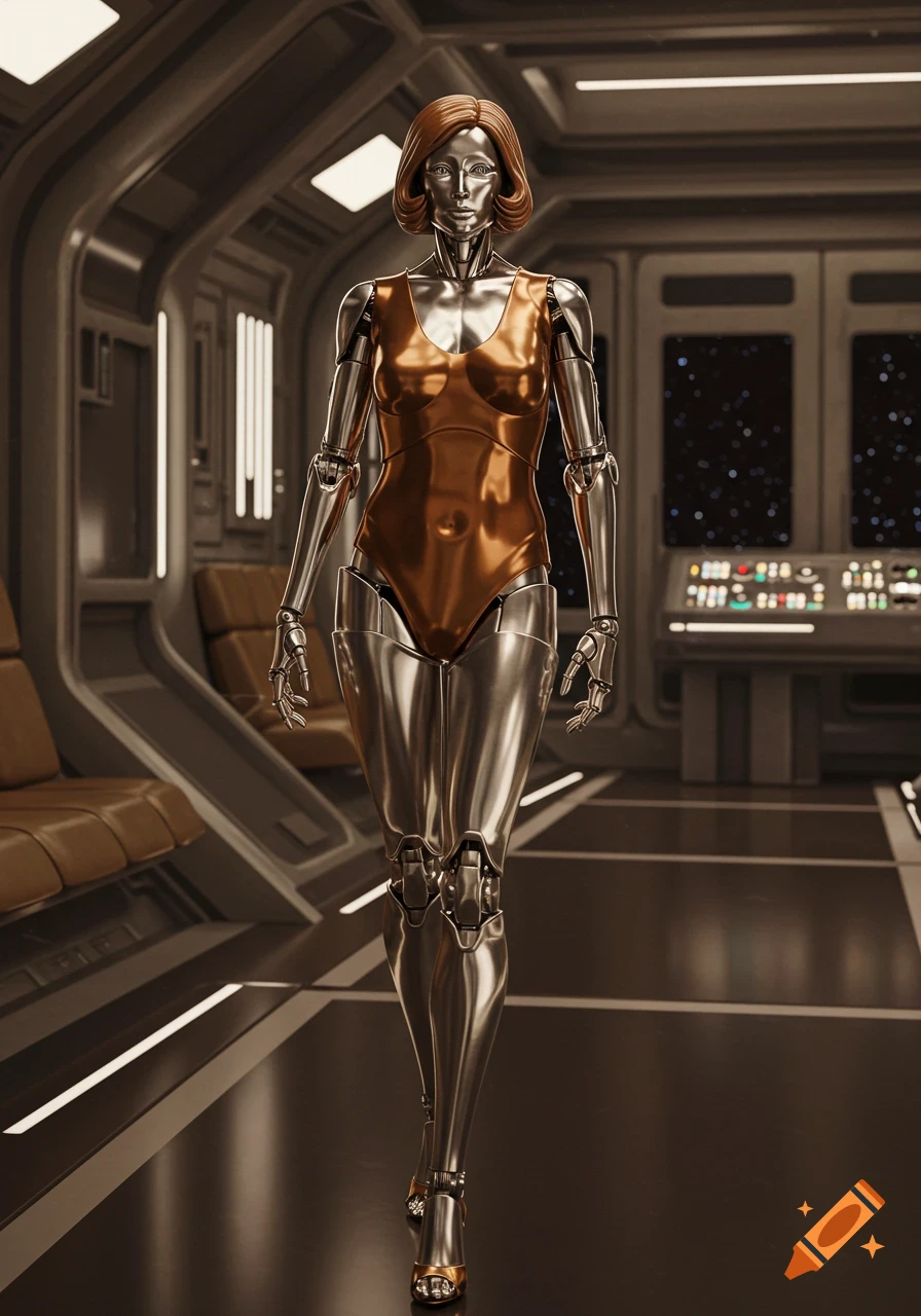 A photorealistic, feminine humanoid robot with silver limbs, a bronze bodice, and bobbed hair walks in a luxurious starship interior.