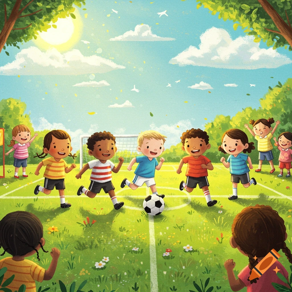 A colorful kids book illustration of a diverse group of children playing soccer on a sunny green field.