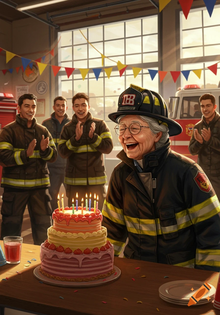 An illustration of a laughing elderly female firefighter in a fire station, celebrating her birthday with a cake and clapping colleagues.