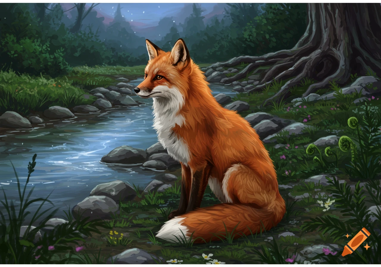 An illustrated red fox sits beside a serene blue river in a lush, dark forest.