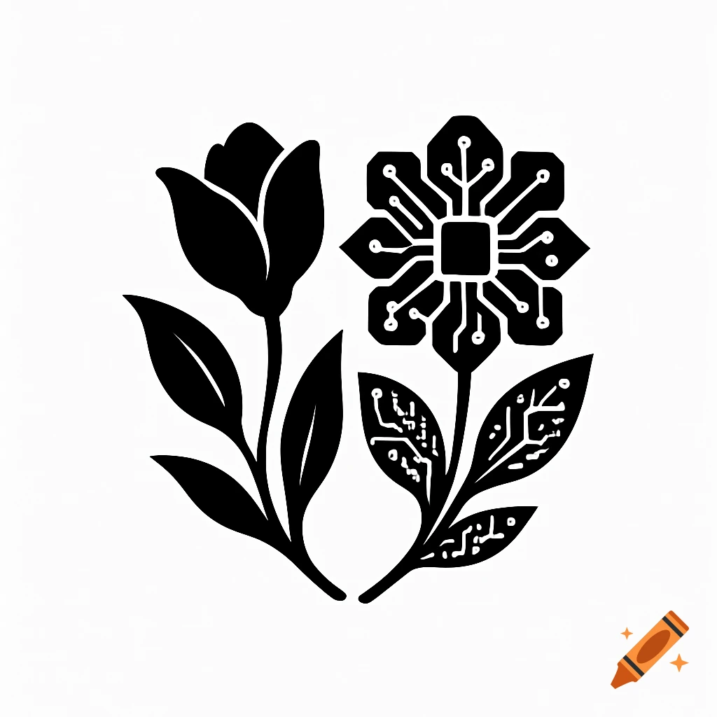 Minimalist black and white logo featuring an organic flower silhouette next to a circuit board flower silhouette, each with matching leaves.