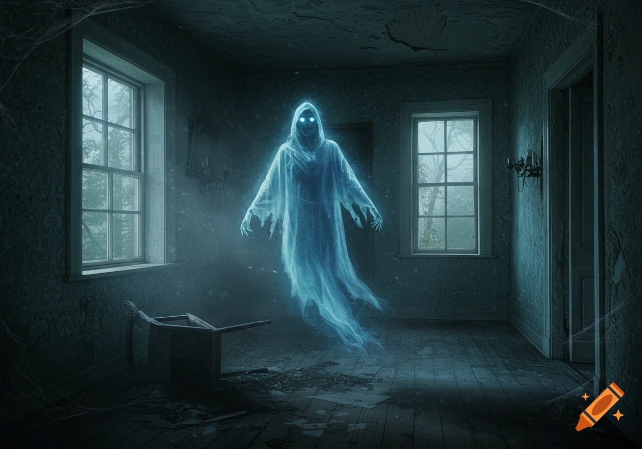 An ethereal blue ghost with glowing eyes floats in a dark, dilapidated room with two windows and a broken chair.