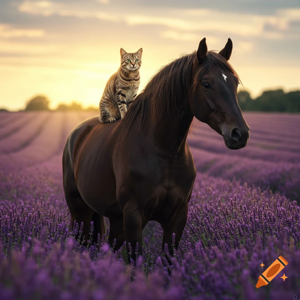 A tabby cat sits on the back of a dark brown horse in a vibrant purple lavender field at sunset, photorealistic.