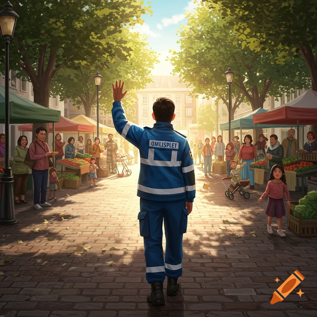 A person in a blue uniform with white stripes waves in a bustling outdoor market filled with people and produce stalls on a sunny day.