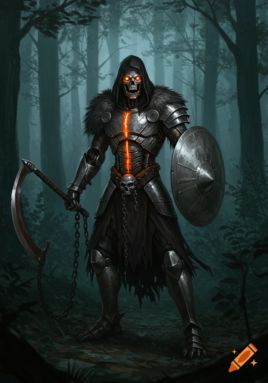 A menacing steel robot skeleton in dark armor with glowing orange eyes, holding a scythe and shield in a dark forest.