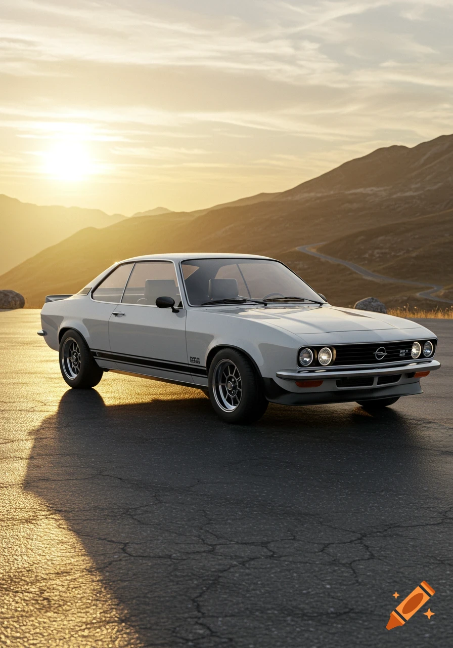 A white Opel Manta A sports car with black rally stripes is parked on an asphalt road with mountains and a sunset in the background.