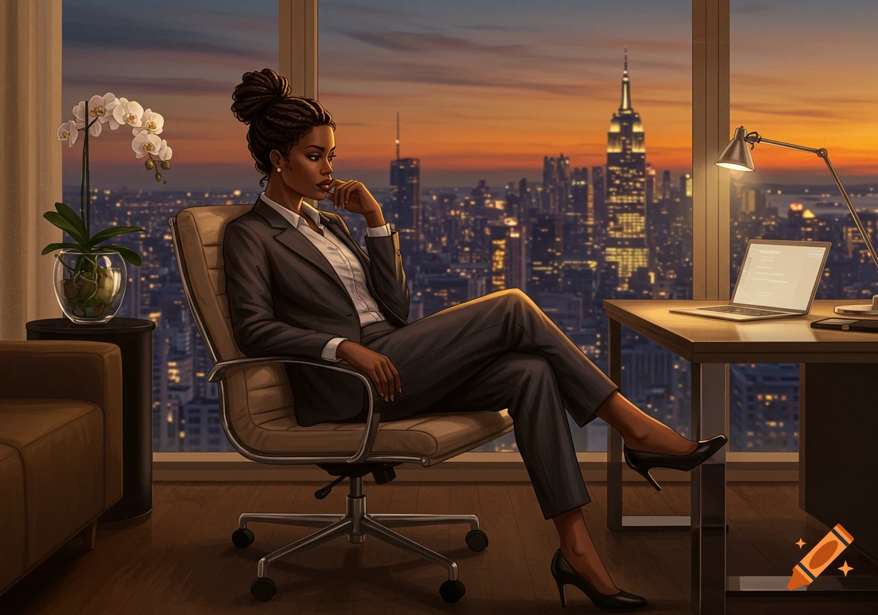 A professional Black woman in a suit sits in an office chair, looking out at a stunning cityscape at sunset in a digital art style.