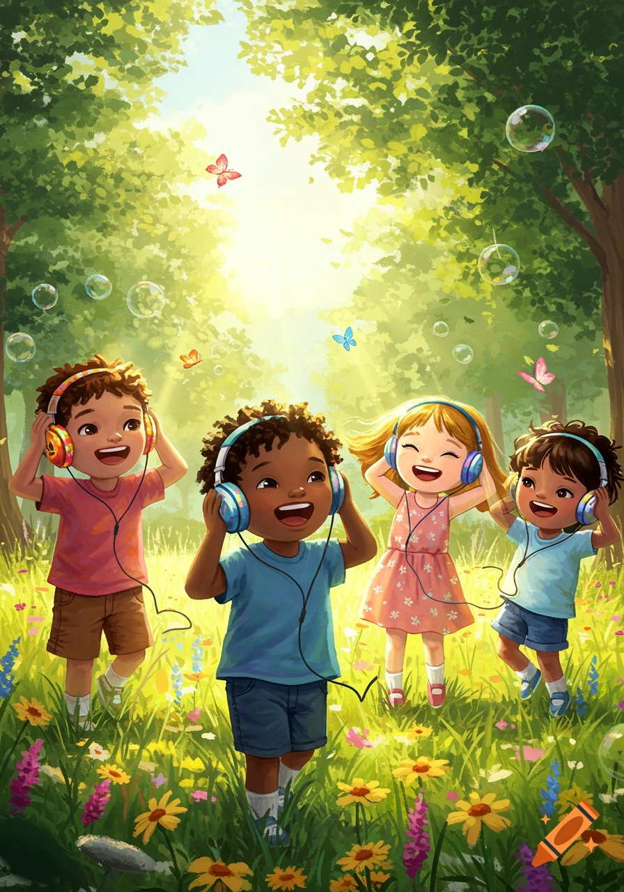 Four diverse children happily listen to music with headphones in a sunny, whimsical forest meadow with flowers and bubbles.