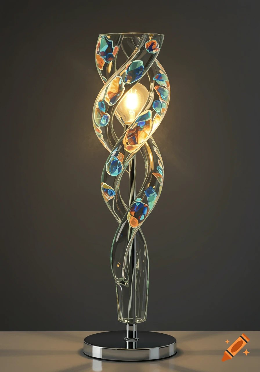 A modern, tall, twisted clear glass lamp with colorful internal fragments, a glowing bulb, and a reflective chrome base.