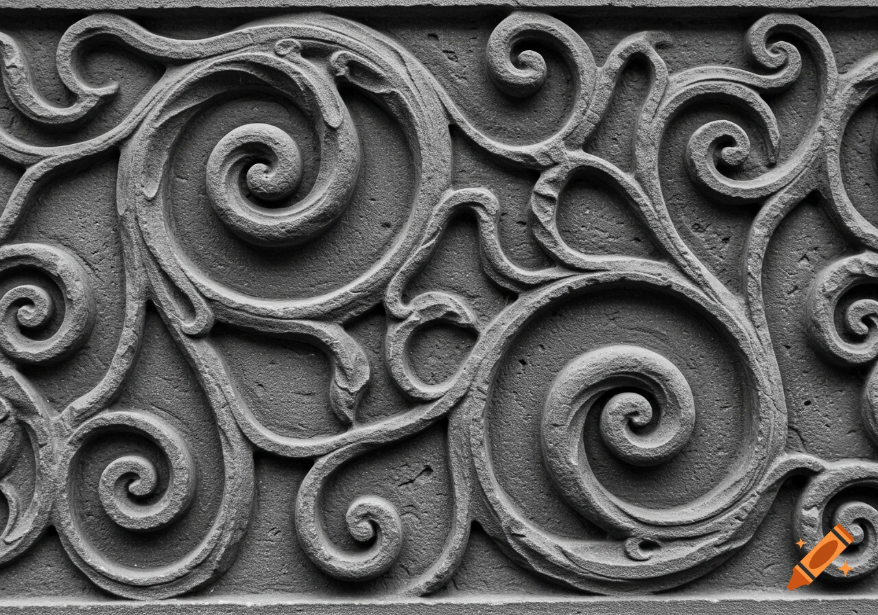 Black and white close-up of a bas relief stone carving with intricate Roman swirls.
