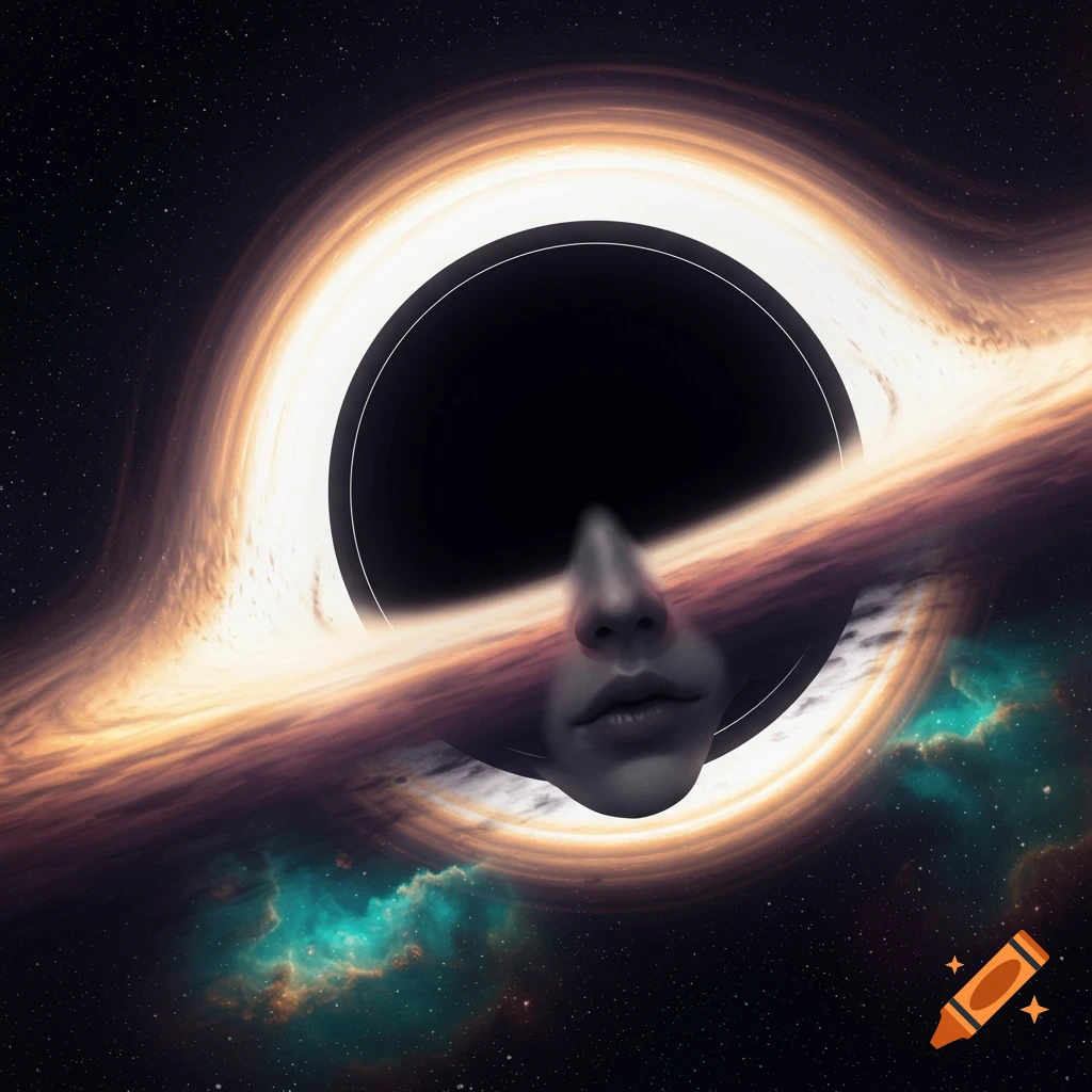 A realistic human face emerging from a black hole in space, surrounded by cosmic dust and stars.