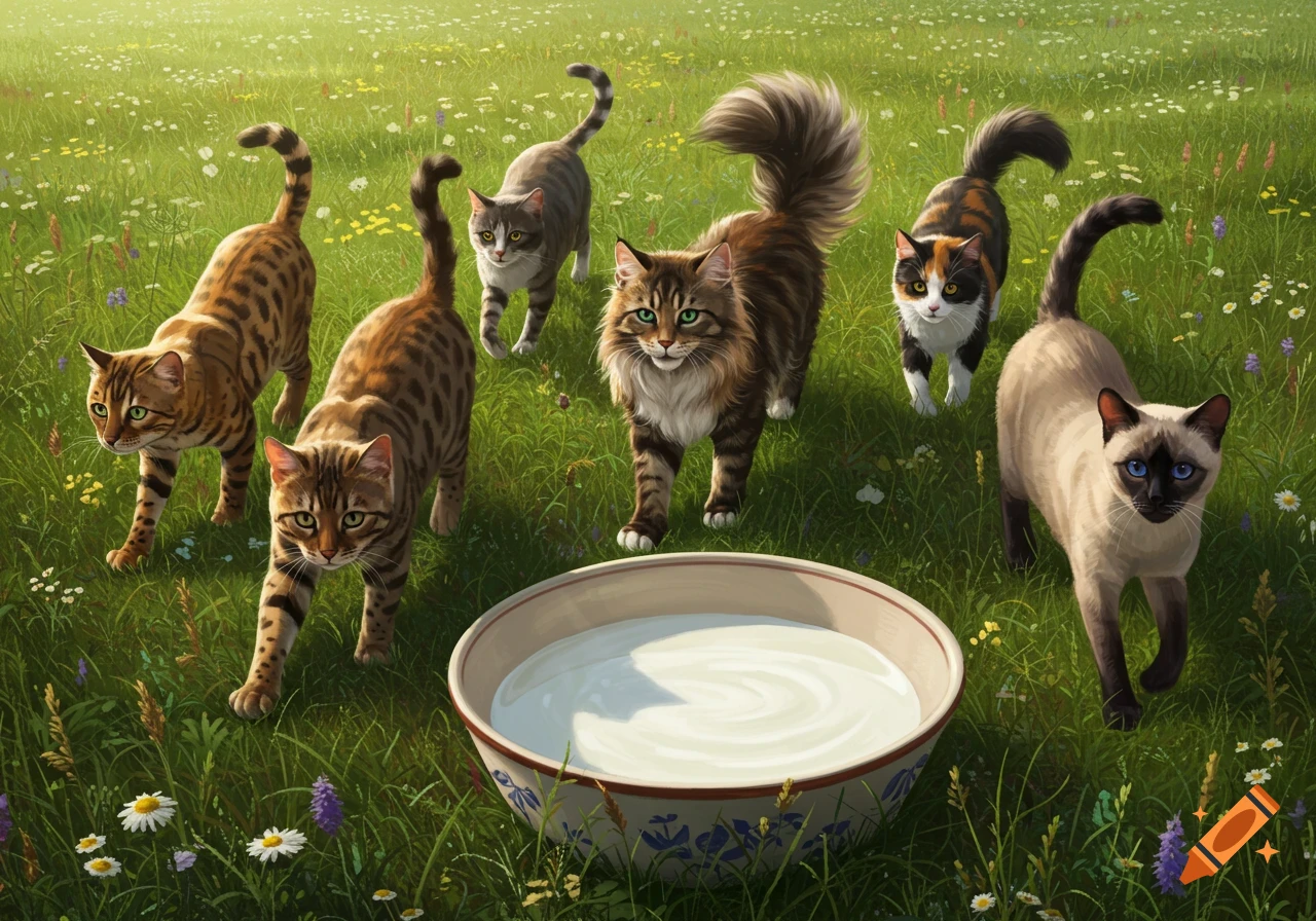 Six diverse cats walk through a sunlit grassy field with wildflowers towards a large bowl of milk.
