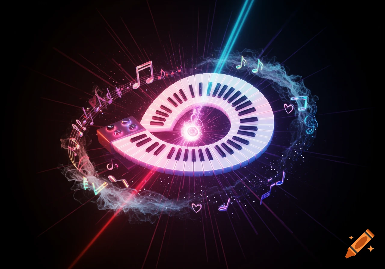 A glowing, neon spiral piano keyboard with colorful musical notes and light rays on a dark background. Digital art.