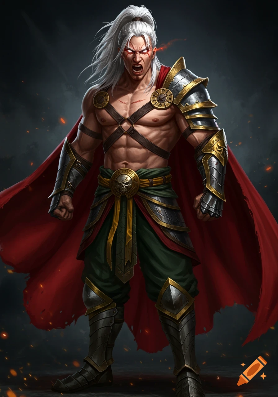 Hyper-realistic digital portrait of a powerful East Asian warrior with silver hair, glowing eyes, muscular torso, and red cape.