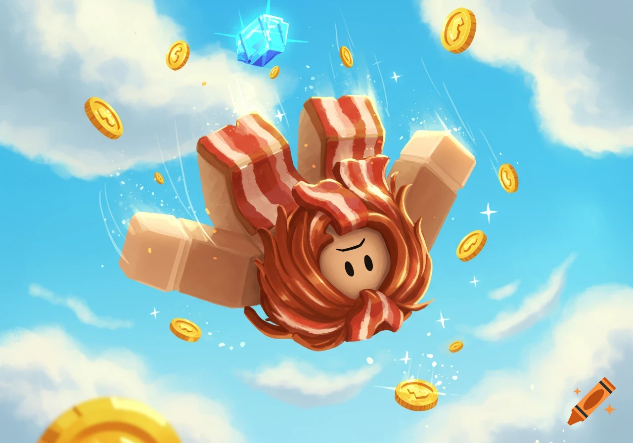 A cartoon Roblox 'bacon hair' character with long reddish-brown hair falls from a blue sky, surrounded by golden coins and a glowing blue gem.