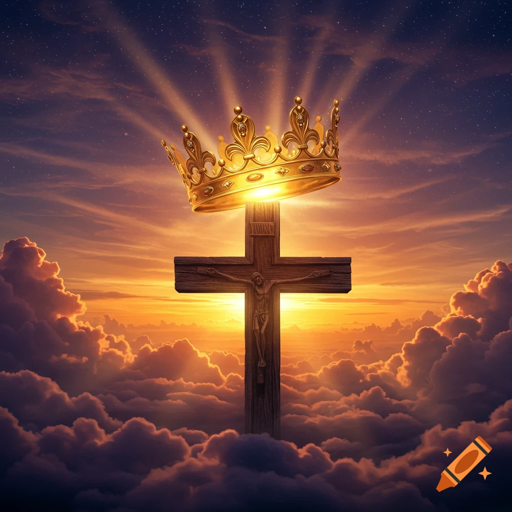 A wooden cross with Jesus and a glowing golden crown floating above, set against a dramatic sunset sky with clouds.
