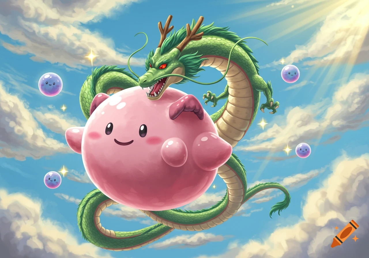 A green Shenron dragon from Dragon Ball coiled around a pink Kirby-like creature, floating in a bright blue sky with clouds and sparkles.