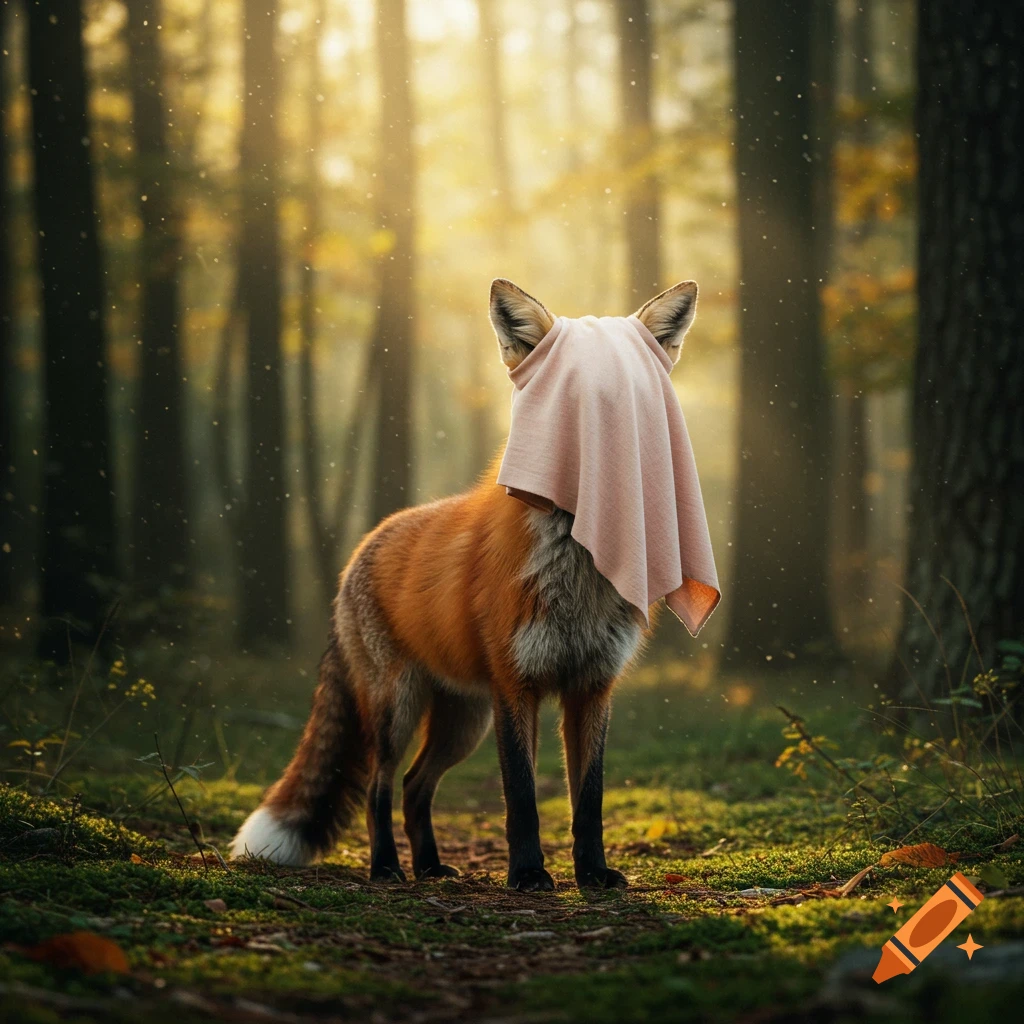 A photorealistic red fox stands on a mossy forest floor with a light pink cloth draped over its head, golden sunlight filters through the trees.