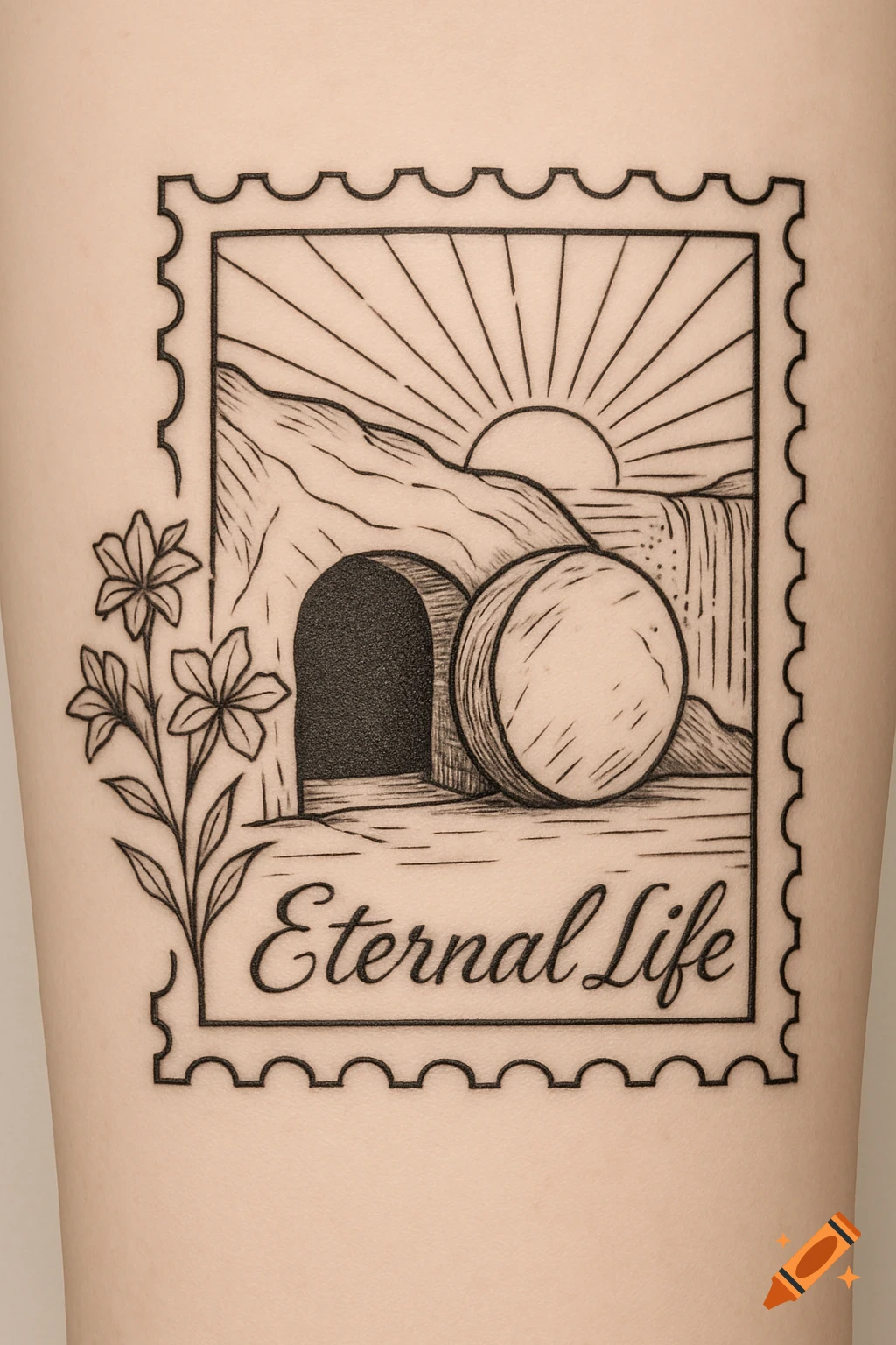 Black and white line art tattoo shaped like a postage stamp, showing an empty tomb with the words 'Eternal Life', a rising sun, and flowers.