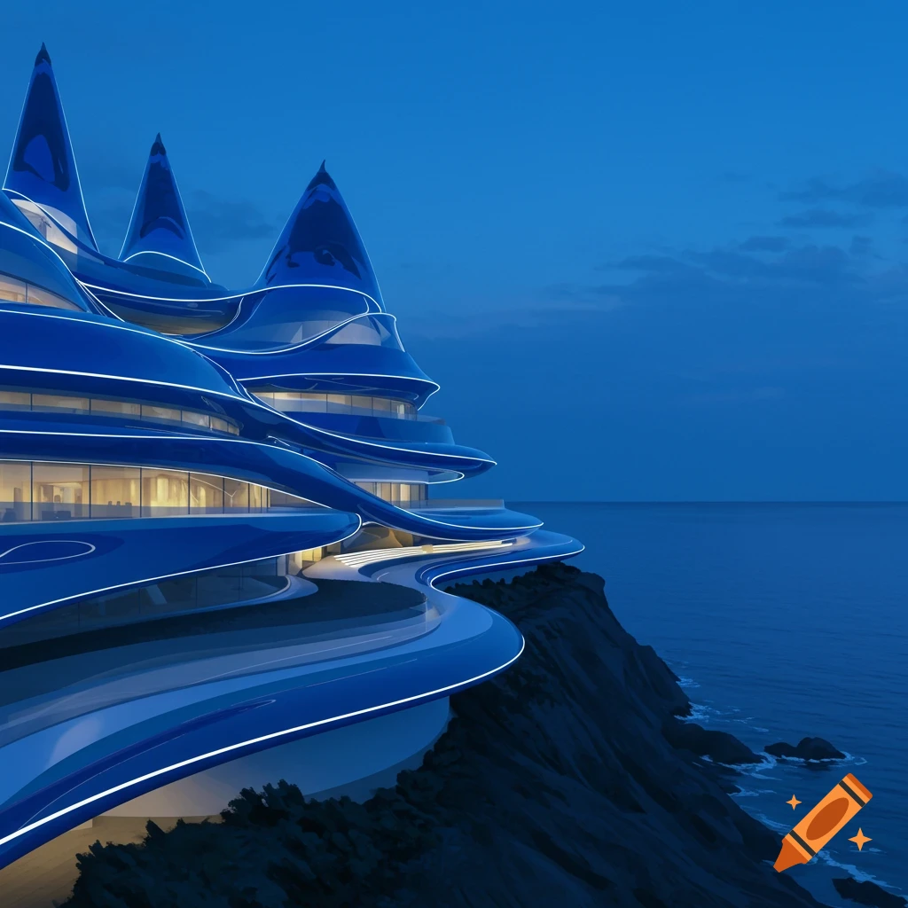 A futuristic blue building with glowing accents on a cliff overlooking a dark ocean under a twilight sky.