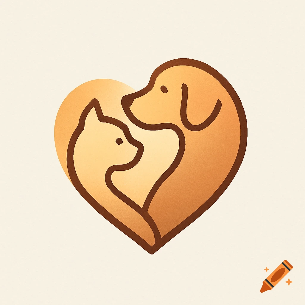 Minimalist logo featuring a brown outline of a dog and a cat embracing to form a heart shape against a light background.