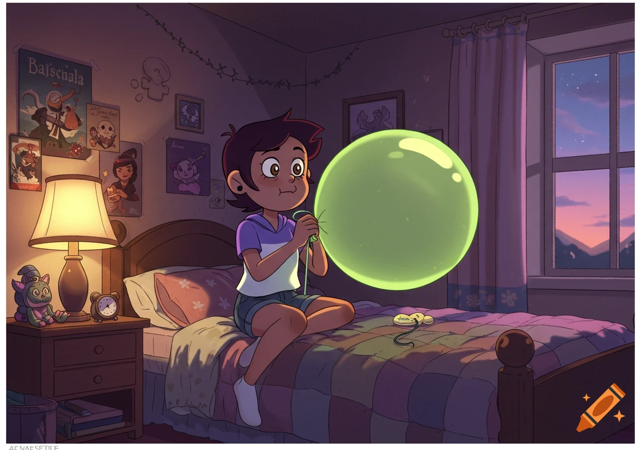 Luz Noceda, a cartoon girl, sits on her bed, blowing a large glowing green balloon in her dimly lit bedroom at dusk.