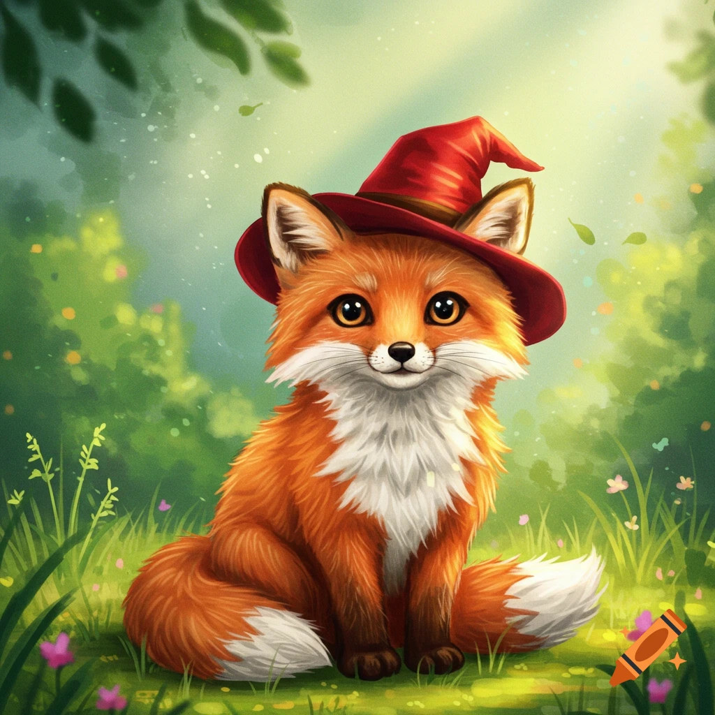 A cute, fluffy orange fox wearing a red wizard hat sits in a lush green forest, stylized digital illustration.
